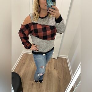 NWT haptics gray brushed red black Buffalo plaid asymmetrical cold shoulder top